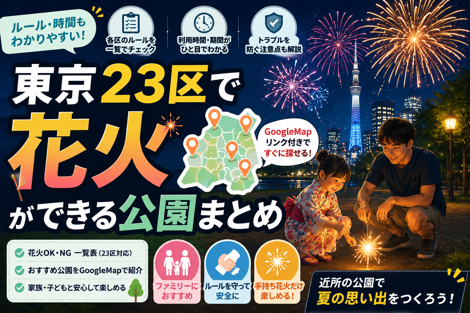 東京23区の公園で手持ち花火を楽しむ子どもと家族のイラスト（2026年版）