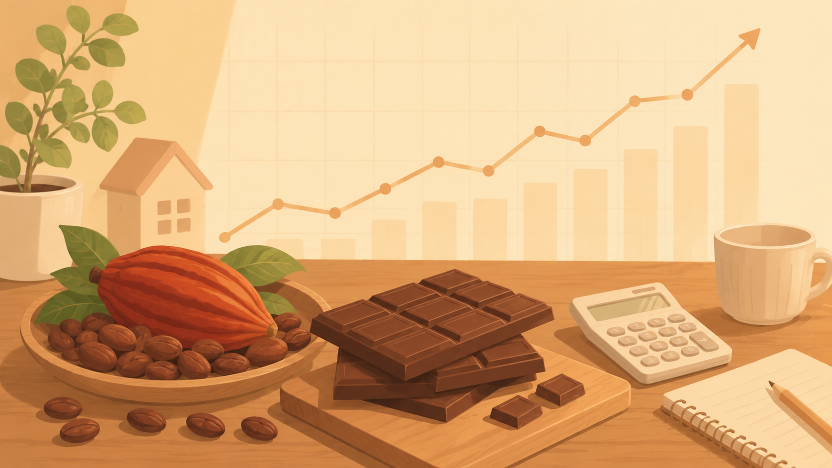 値上がりが続くチョコレートとカカオ豆のイメージイラスト