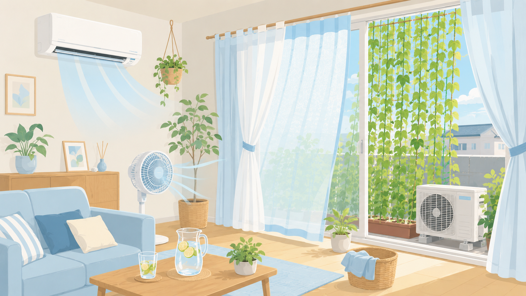 猛暑の夏にエアコンと室外機の工夫で電気代を節約する家族のイメージイラスト