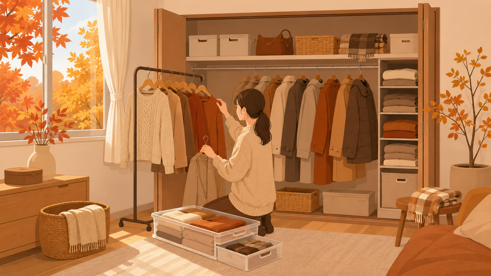 秋の衣替えでクローゼットに秋冬の衣類を収納する様子のイラスト