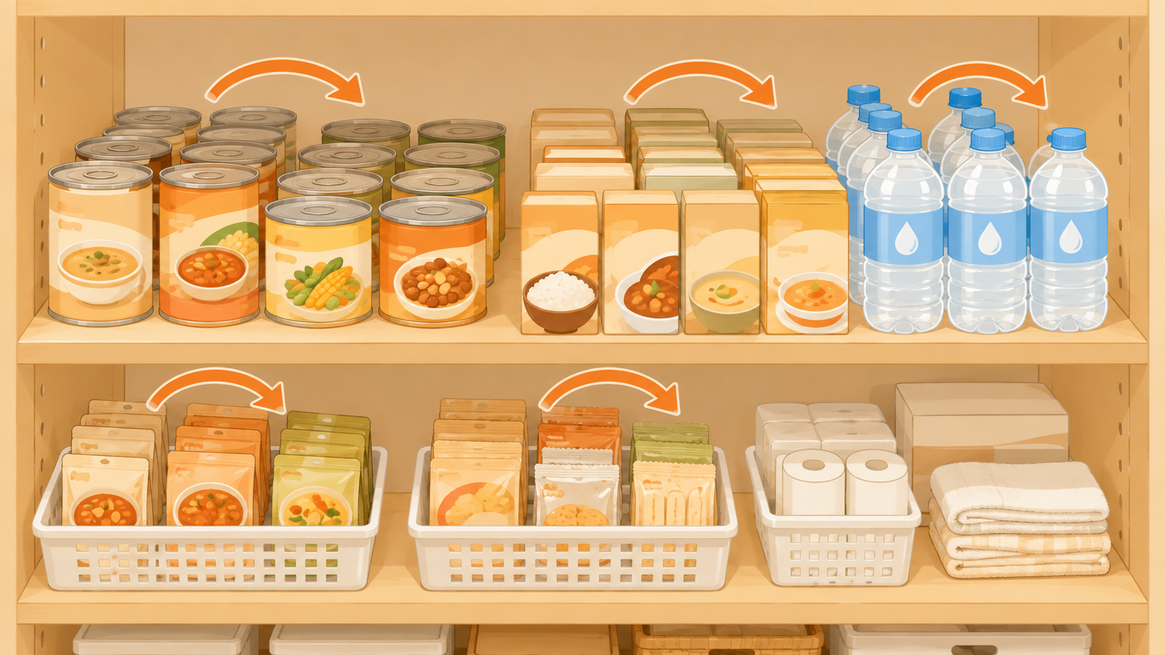 備蓄品の賞味期限管理とローリングストックのイメージイラスト
